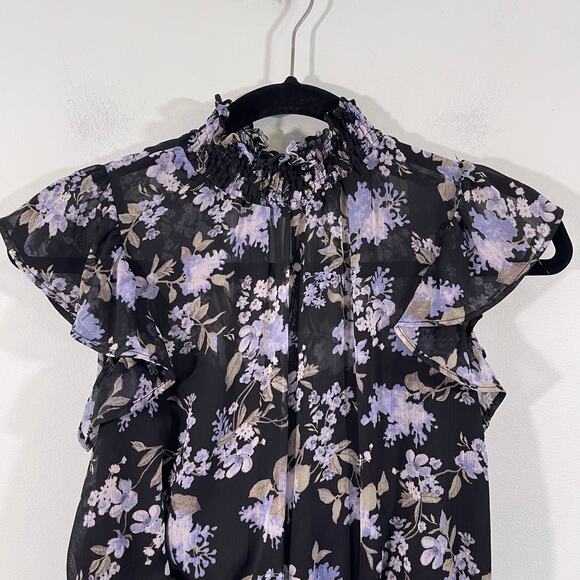 Great Jones Rent The Runway Black Floral Crinkle Chiffon Blouse Size XS - Picture 2 of 8
